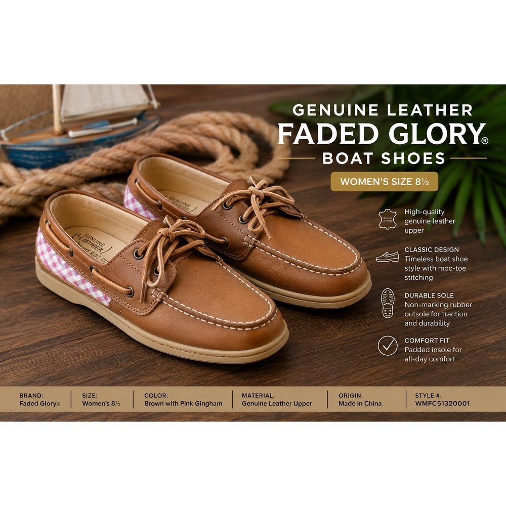 Faded Glory Womens Brown‎ Leather Boat Shoes Gingham Plaid Accent Size 8.5